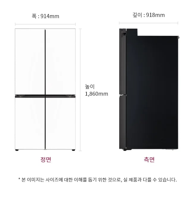 냉장고의 정면과 측면 모습이 나와 있으며, 정면은 폭 914mm, 높이 1,860mm로 표시되어 있고, 측면은 깊이 918mm로 표시되어 있습니다. 하단에는 본 이미지는 사이즈에 대한 이해를 돕기 위한 것으로, 실 제품과 다를 수 있습니다.라는 문구가 포함되어 있습니다.