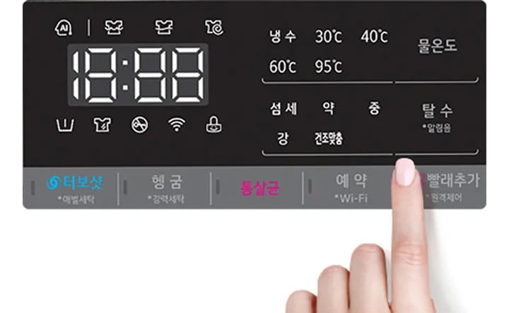 디지털 디스플레이에 시간 18:88이 표시되어 있으며, 다양한 아이콘과 함께 냉수, 30℃, 40℃, 60℃, 95℃의 물온도를 선택할 수 있는 옵션이 있습니다. 세탁 강도를 섬세, 약, 중, 강으로 설정할 수 있으며, 건조선택과 탈수 기능도 포함되어 있습니다. 하단에는 터보샷, 헹굼, 통살균, 예약, 빨래추가 버튼이 나열되어 있으며, 손가락이 빨래추가 버튼을 가리키고 있습니다.