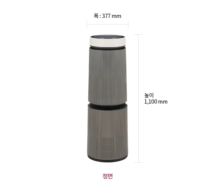 LG 퓨리케어 AI 오브제컬렉션 360˚ 공기청정기 M5의 정면 모습이 있으며, 제품의 크기는 폭 377mm, 높이 1,100mm입니다.