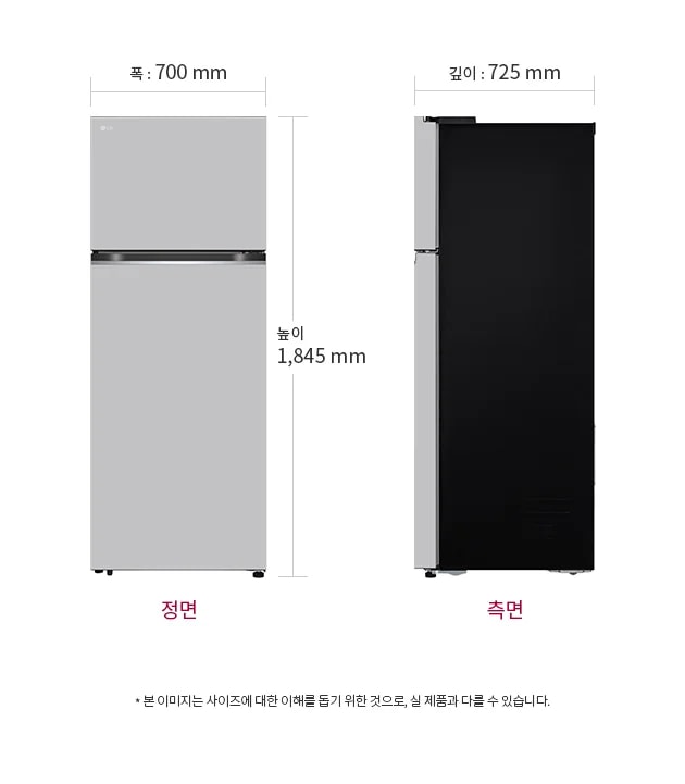냉장고의 정면과 측면 이미지가 있으며, 정면의 폭은 700mm, 높이는 1,845mm입니다. 측면의 깊이는 725mm입니다. 하단에는 본 이미지는 사이즈에 대한 이해를 돕기 위한 것으로, 실 제품과 다를 수 있습니다.라는 문구가 있습니다.
