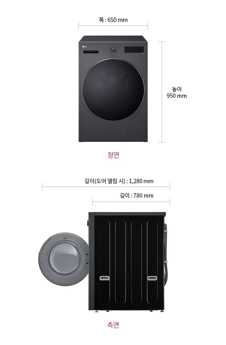 드럼세탁기의 정면과 측면이 나란히 배치되어 있습니다. 제품의 크기는 폭 650mm, 높이 950mm로 표시되어 있습니다. 측면에서는 도어가 열려 있는 모습이 보이며, 깊이는 780mm, 도어가 열렸을 때의 깊이는 1,280mm로 나타나 있습니다. 정면과 측면 아래에는 각각 정면과 측면이라는 텍스트가 적혀 있습니다.