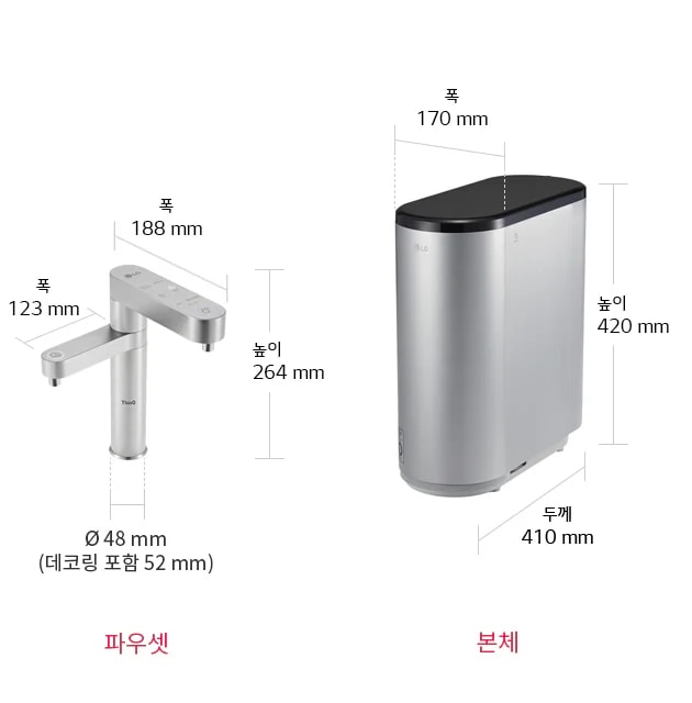 
  파우셋과 본체의 이미지입니다. 파우셋의 크기는 폭 188mm, 출수구 폭은 123mm, 높이 264mm, 지름 48mm(데코링 포함 52mm)입니다. 본체의 크기는 폭 170mm, 높이 420mm, 두께 410mm입니다.